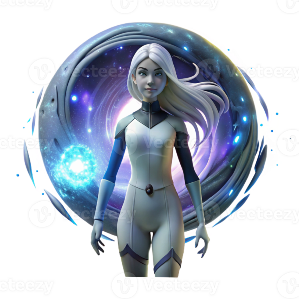 impressive classic A young woman, with glowing cybernetic eyes and flowing white hair, stands before a massive portal swirling with cosmic energy. Ethereal, dreamlike lighting. Fantasy style detailed png
