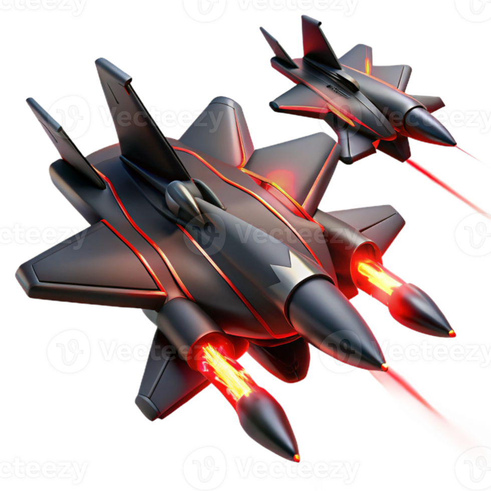 wonderful modern A squadron of sleek, black fighter jets, with glowing red engine trails, engages in a dogfight above a futuristic city. Dynamic, action-packed. Anime style original png
