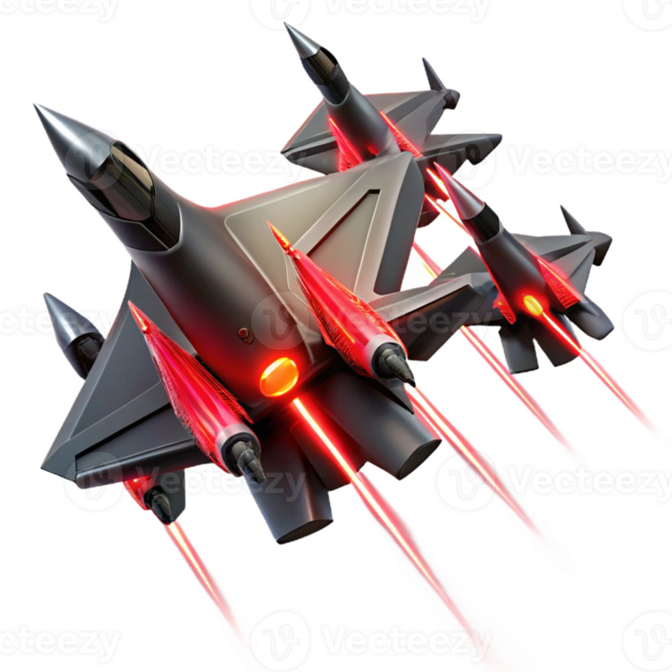 dramatic minimalist A squadron of sleek, black fighter jets, with glowing red engine trails, engages in a dogfight above a futuristic city. Dynamic, action-packed. Anime style high resolution png