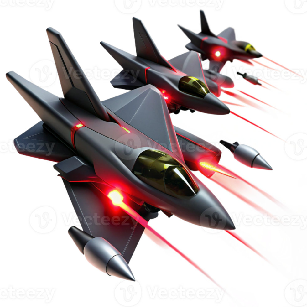 dramatic rustic A squadron of sleek, black fighter jets, with glowing red engine trails, engages in a dogfight above a futuristic city. Dynamic, action-packed. Anime style genuine png