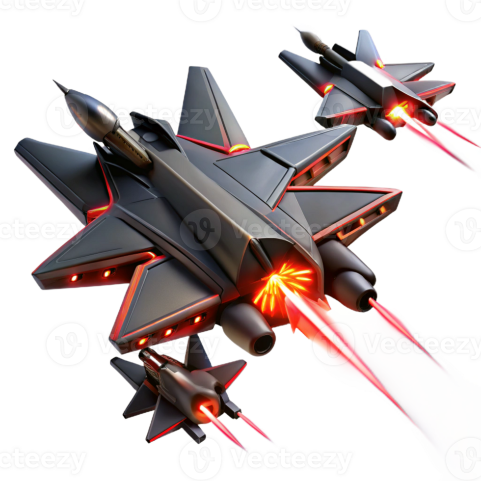 beautiful rustic A squadron of sleek, black fighter jets, with glowing red engine trails, engages in a dogfight above a futuristic city. Dynamic, action-packed. Anime style genuine png