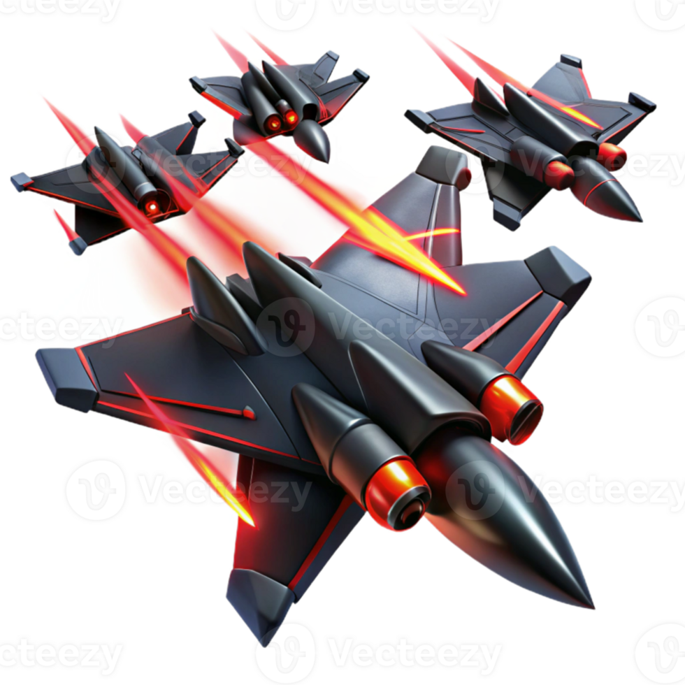 impressive artistic A squadron of sleek, black fighter jets, with glowing red engine trails, engages in a dogfight above a futuristic city. Dynamic, action-packed. Anime style premium png