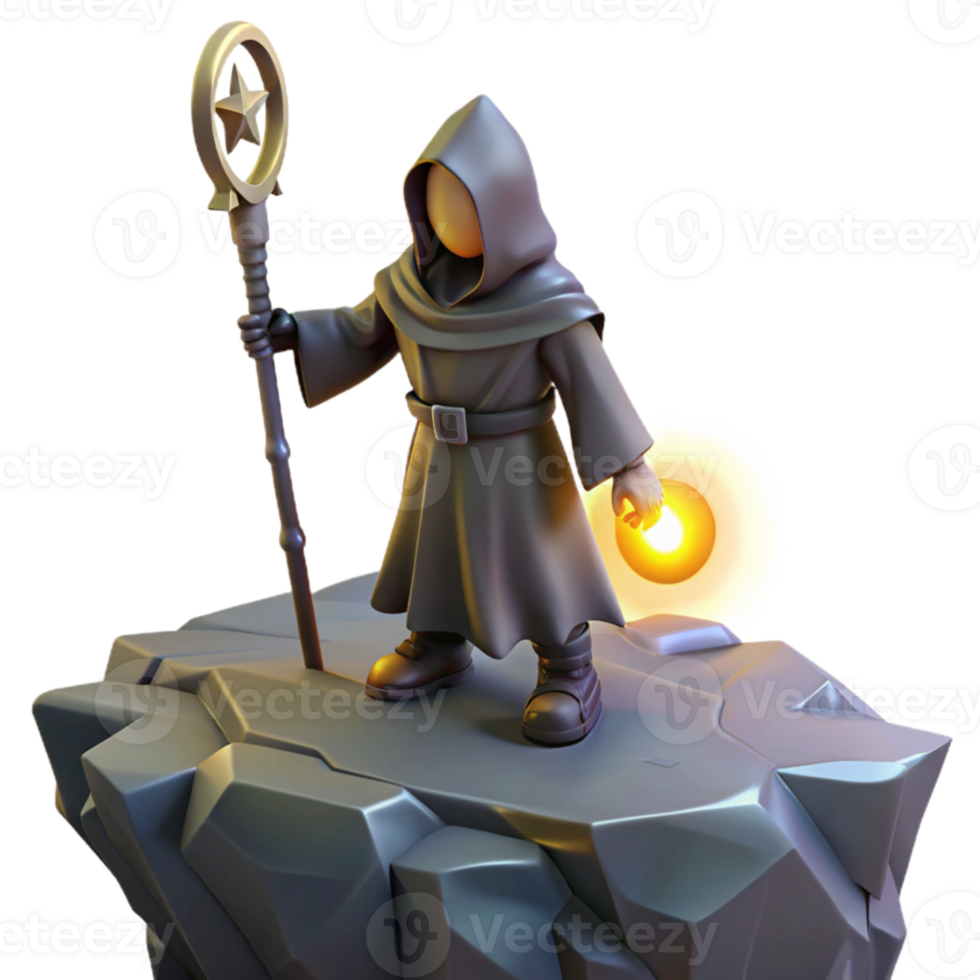 dramatic contemporary A lone figure, wearing a hooded cloak and carrying a glowing staff, stands on the edge of a cliff overlooking a vast, alien landscape. Epic, cinematic lighting.... png