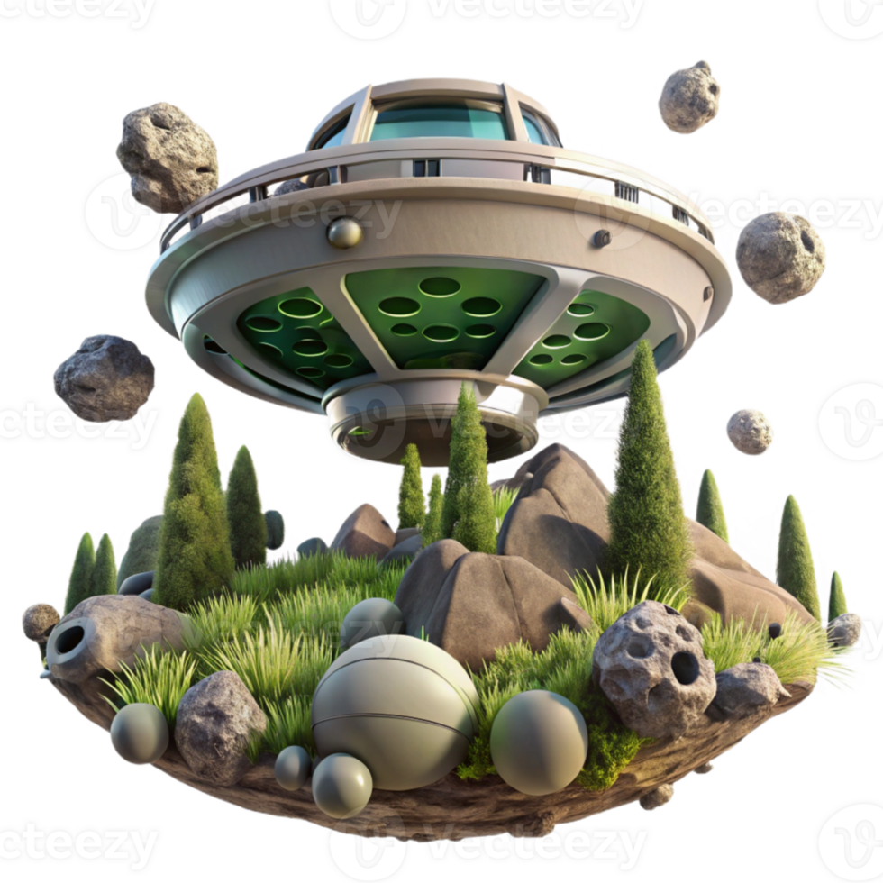 impressive modern An abandoned space station, overgrown with alien vegetation, slowly drifts through a field of asteroids. Dim, atmospheric lighting. Matte painting style premium png