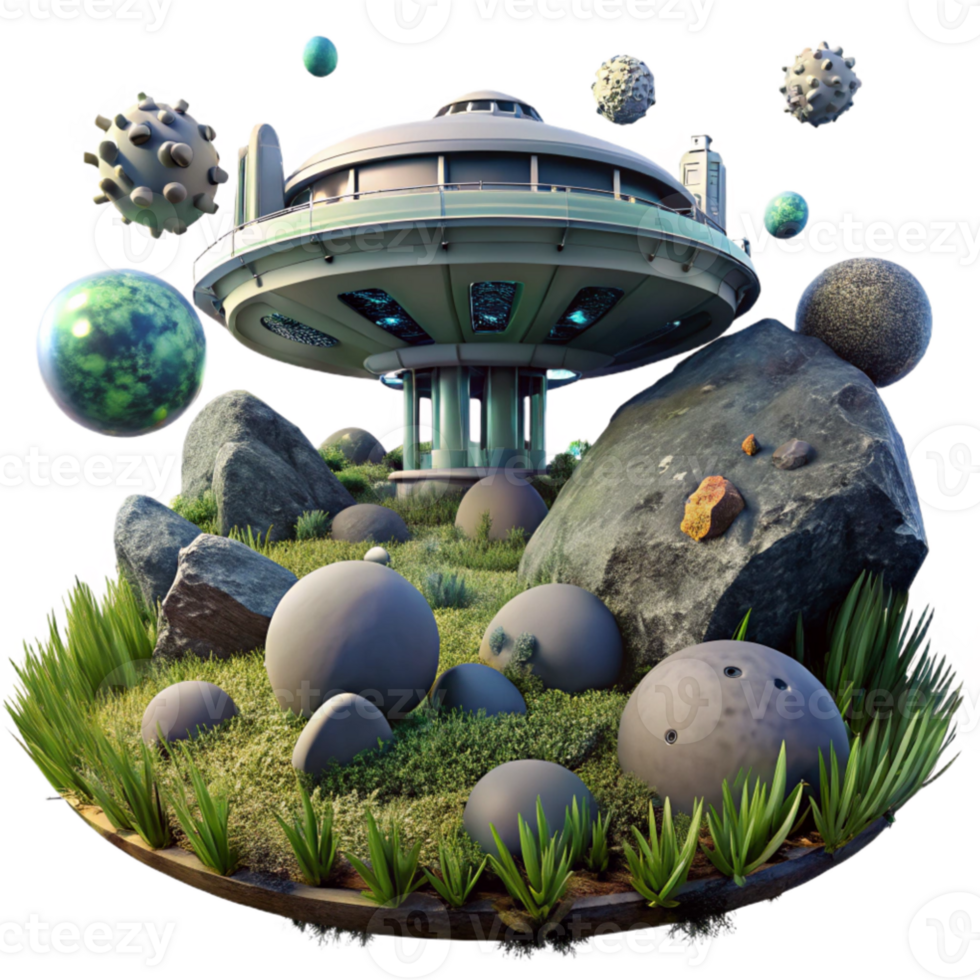 magnificent rustic An abandoned space station, overgrown with alien vegetation, slowly drifts through a field of asteroids. Dim, atmospheric lighting. Matte painting style 4K png