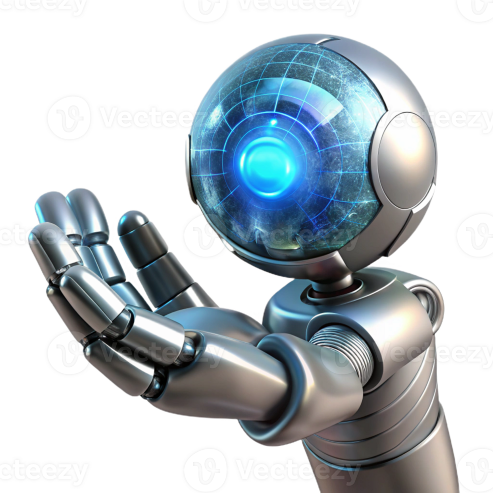 magnificent contemporary A chrome robot hand delicately holding a glowing orb of data, intricate circuitry visible beneath its polished surface, dramatic chiaroscuro lighting, Art Deco style 4K png