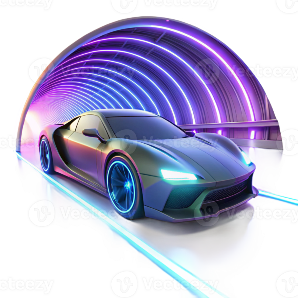 elegant vintage A futuristic racing car, with glowing neon accents and sleek aerodynamic lines, speeds through a tunnel of light. Motion blur, neon lighting. Cyberpunk style professional png