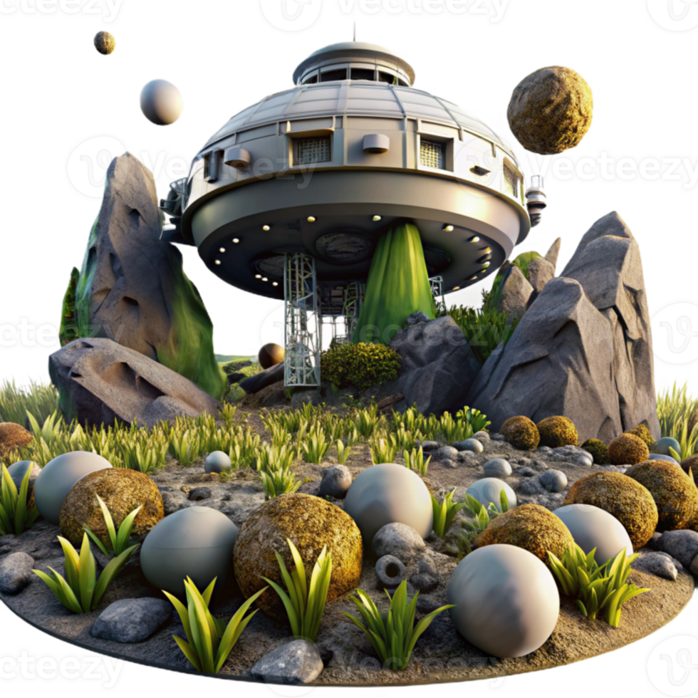 magnificent contemporary An abandoned space station, overgrown with alien vegetation, slowly drifts through a field of asteroids. Dim, atmospheric lighting. Matte painting style professional png