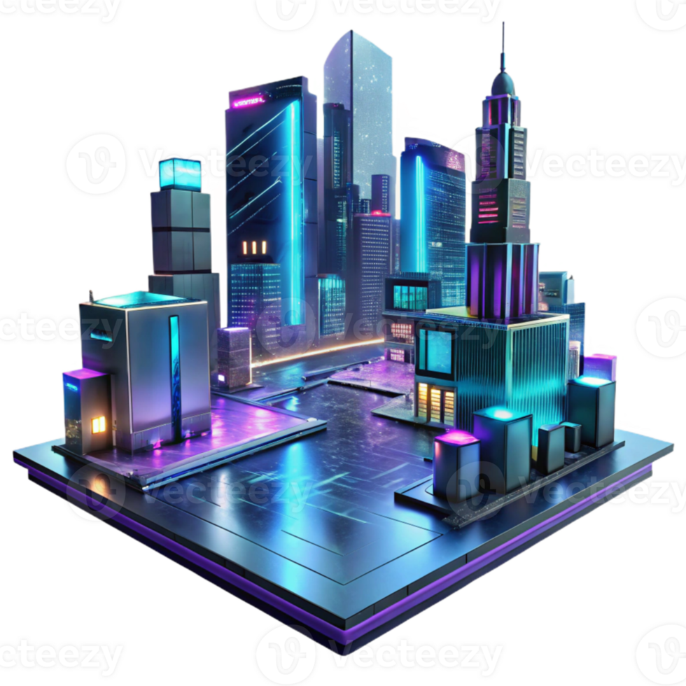 stunning contemporary A futuristic cityscape at night, towering holographic advertisements shimmering in the rain, neon reflections on wet pavement, cyberpunk style premium png