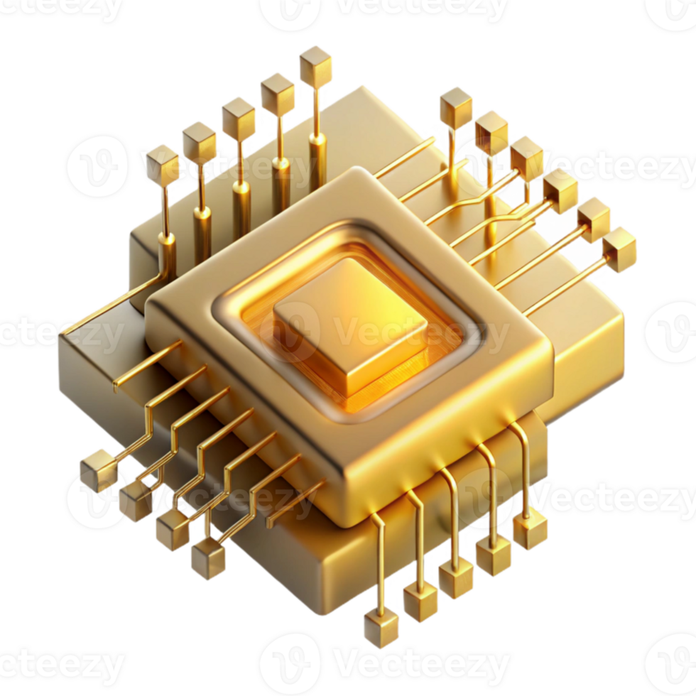 stunning artistic A single microchip, magnified to immense size, golden circuits forming fractal patterns, soft ethereal glow, abstract style professional png