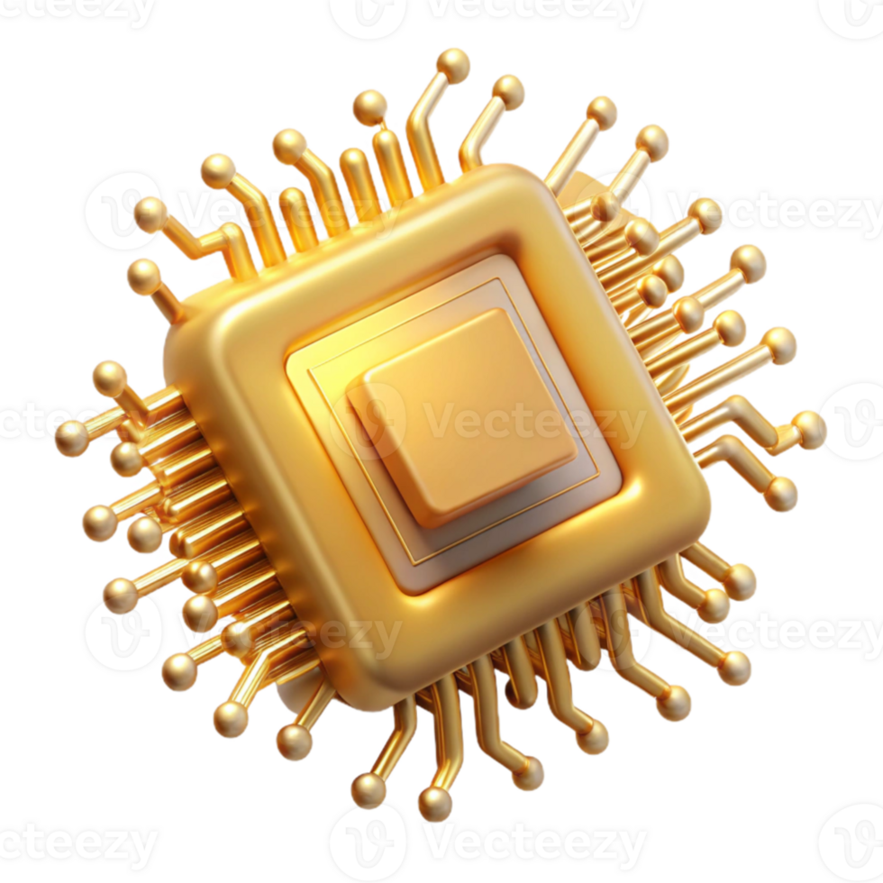 stunning vintage A single microchip, magnified to immense size, golden circuits forming fractal patterns, soft ethereal glow, abstract style 4K png