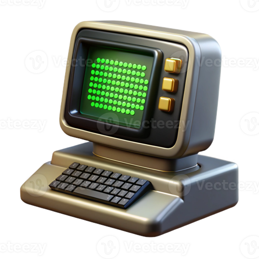 beautiful creative A vintage computer terminal displaying cryptic code, flickering green text on a black screen, dimly lit room, retro style professional png