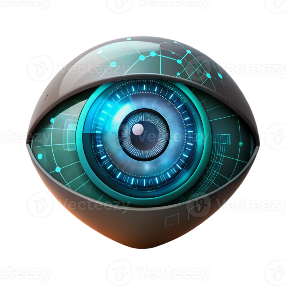 wonderful abstract A human eye overlaid with a digital interface, glowing HUD elements, dark and moody lighting, cyberpunk style authentic png