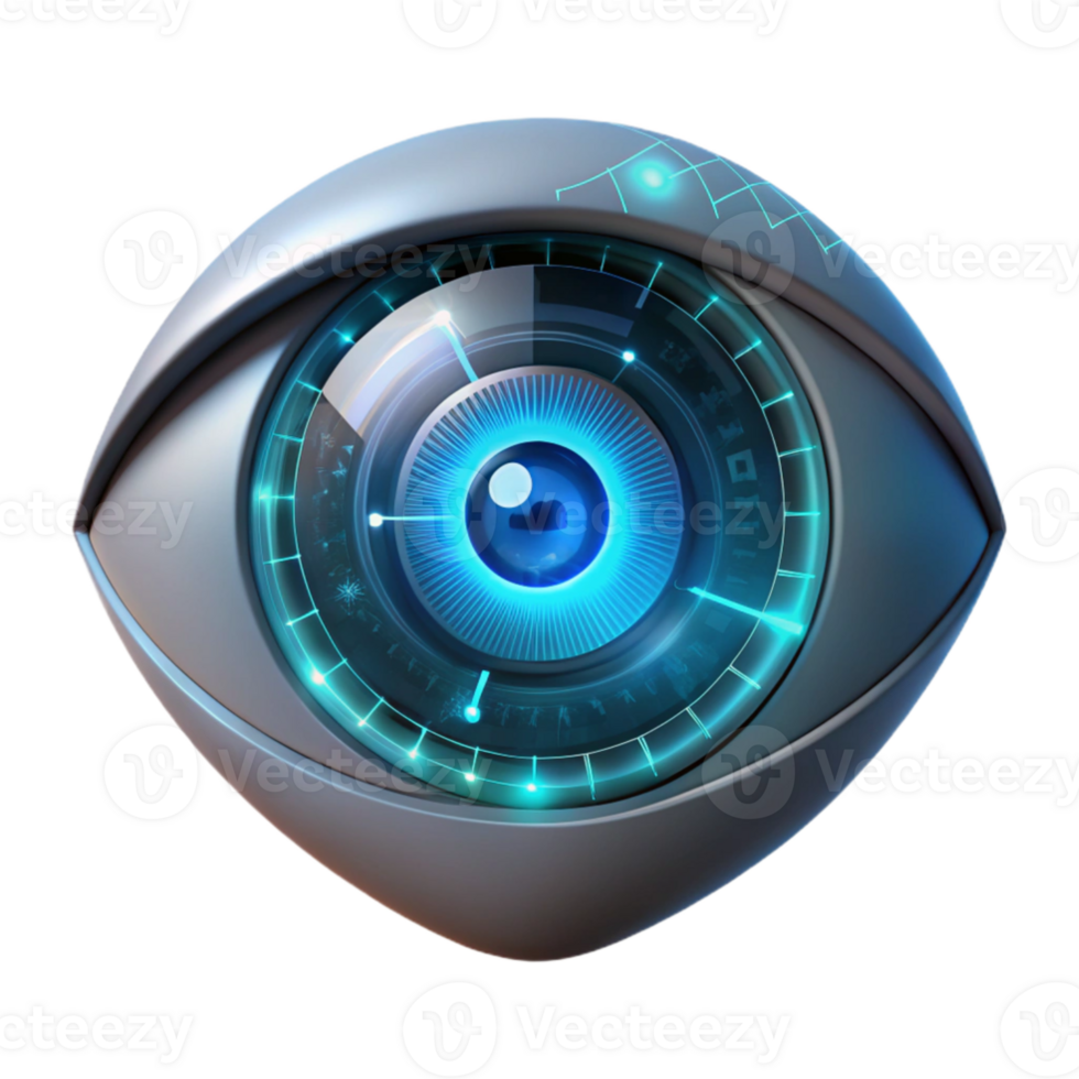 beautiful rustic A human eye overlaid with a digital interface, glowing HUD elements, dark and moody lighting, cyberpunk style high quality png