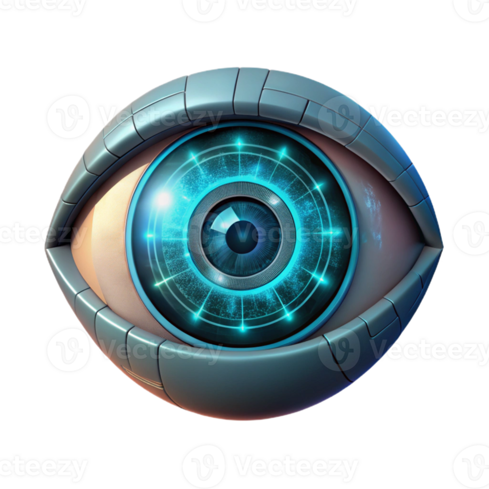 wonderful modern A human eye overlaid with a digital interface, glowing HUD elements, dark and moody lighting, cyberpunk style high resolution png