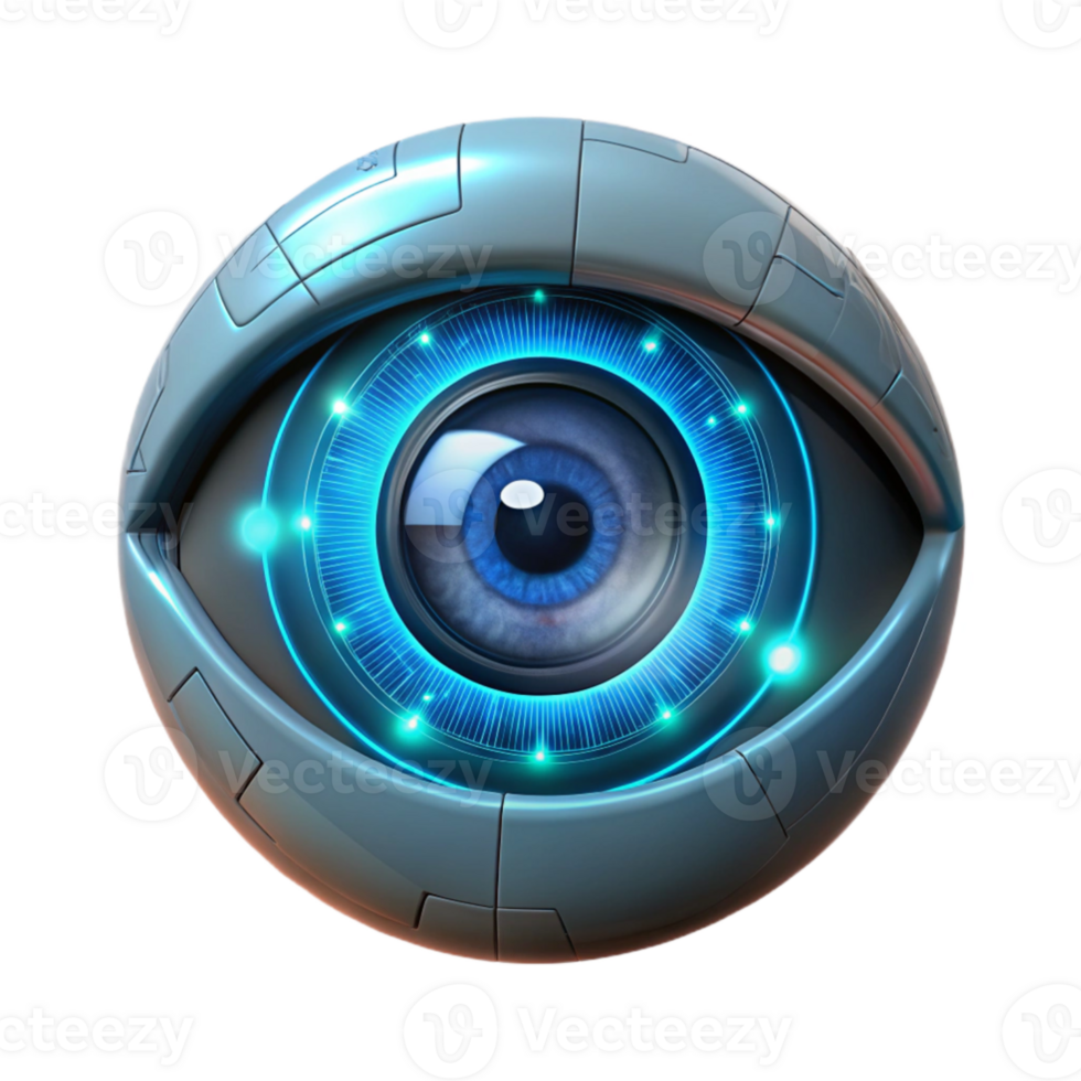 vibrant classic A human eye overlaid with a digital interface, glowing HUD elements, dark and moody lighting, cyberpunk style premium png