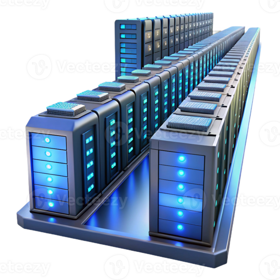 beautiful artistic A massive server farm stretching into infinity, rows of blinking lights, cool blue lighting, technical illustration style premium png
