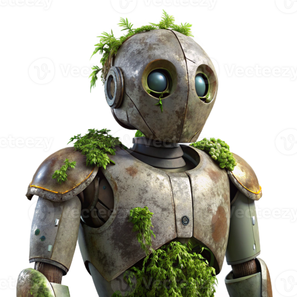 extraordinary classic A decaying robot, vines and moss growing over its metallic body, soft natural lighting, post-apocalyptic style premium png