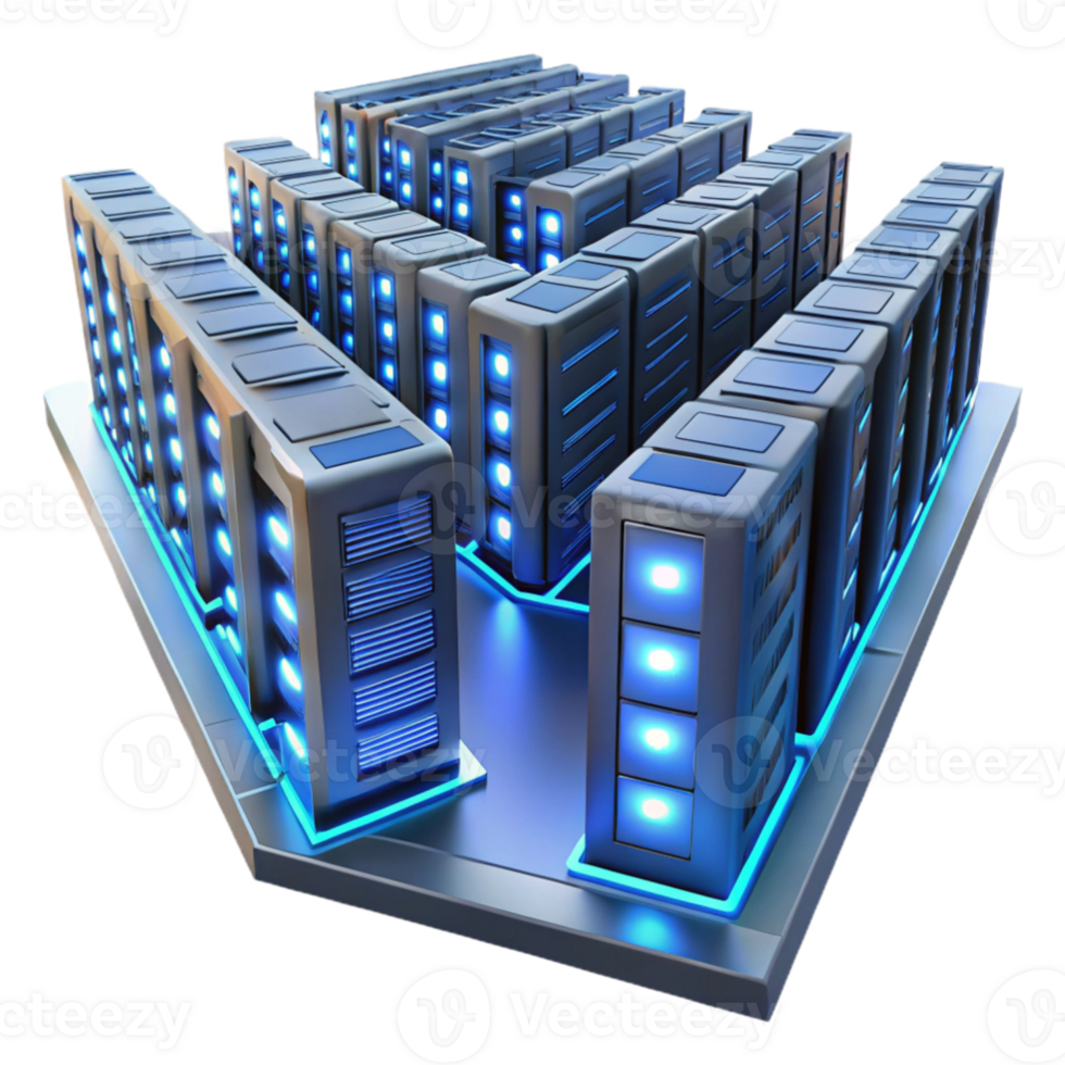 elegant vintage A massive server farm stretching into infinity, rows of blinking lights, cool blue lighting, technical illustration style high resolution png