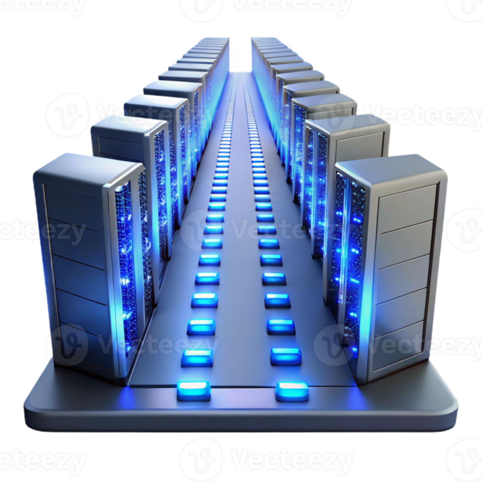 impressive minimalist A massive server farm stretching into infinity, rows of blinking lights, cool blue lighting, technical illustration style 4K png