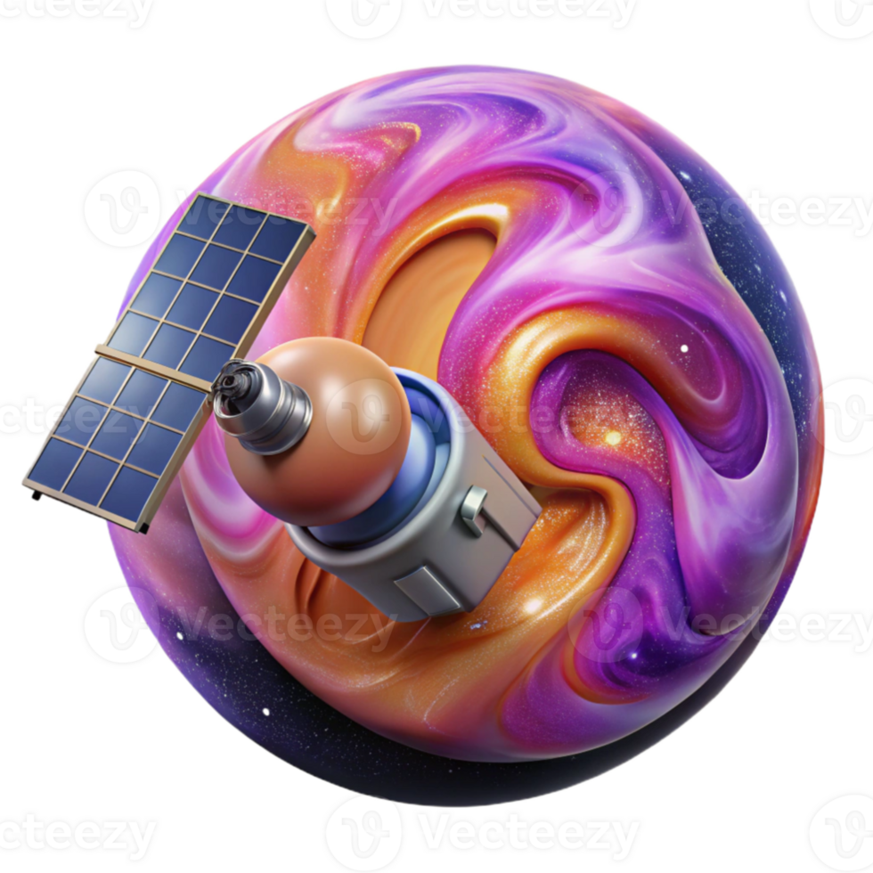 stunning traditional serene minimalist A satellite orbiting a vibrant, swirling nebula, detailed solar panels and antenna, cosmic and technological elements combined, realistic style premium detailed png