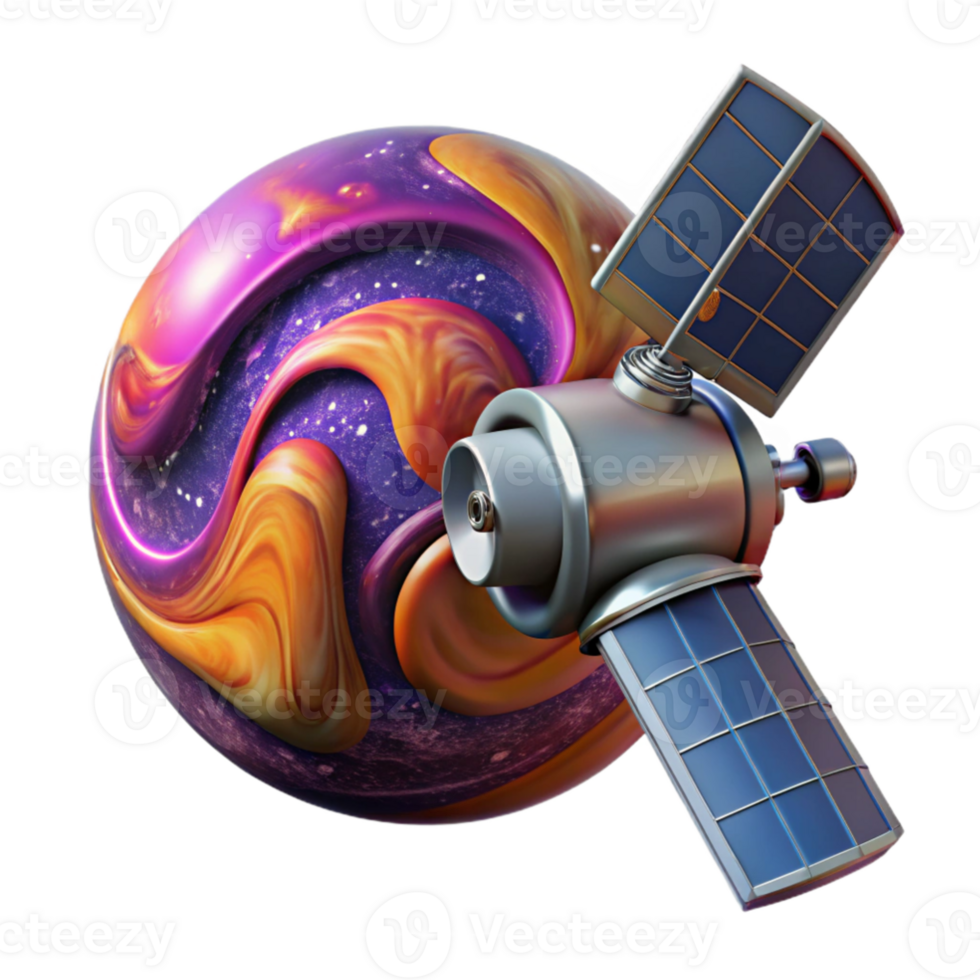 stunning vintage magnificent vintage A satellite orbiting a vibrant, swirling nebula, detailed solar panels and antenna, cosmic and technological elements combined, realistic style premium genuine png