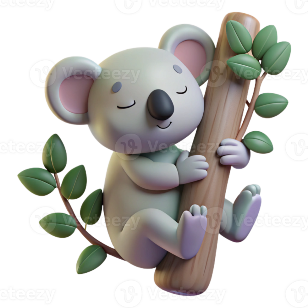 dramatic minimalist extraordinary minimalist A sleepy koala clinging to a eucalyptus tree, soft lighting, pastel colors, in a cute, kawaii style authentic high quality png