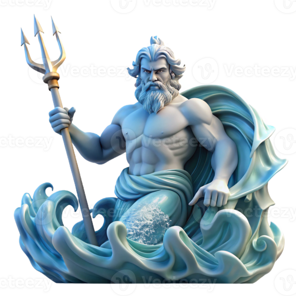 extraordinary classic serene modern Poseidon, God of the Sea, wielding his trident and commanding a tempestuous ocean, waves crashing around him. Lighting dramatic, stormy.... png