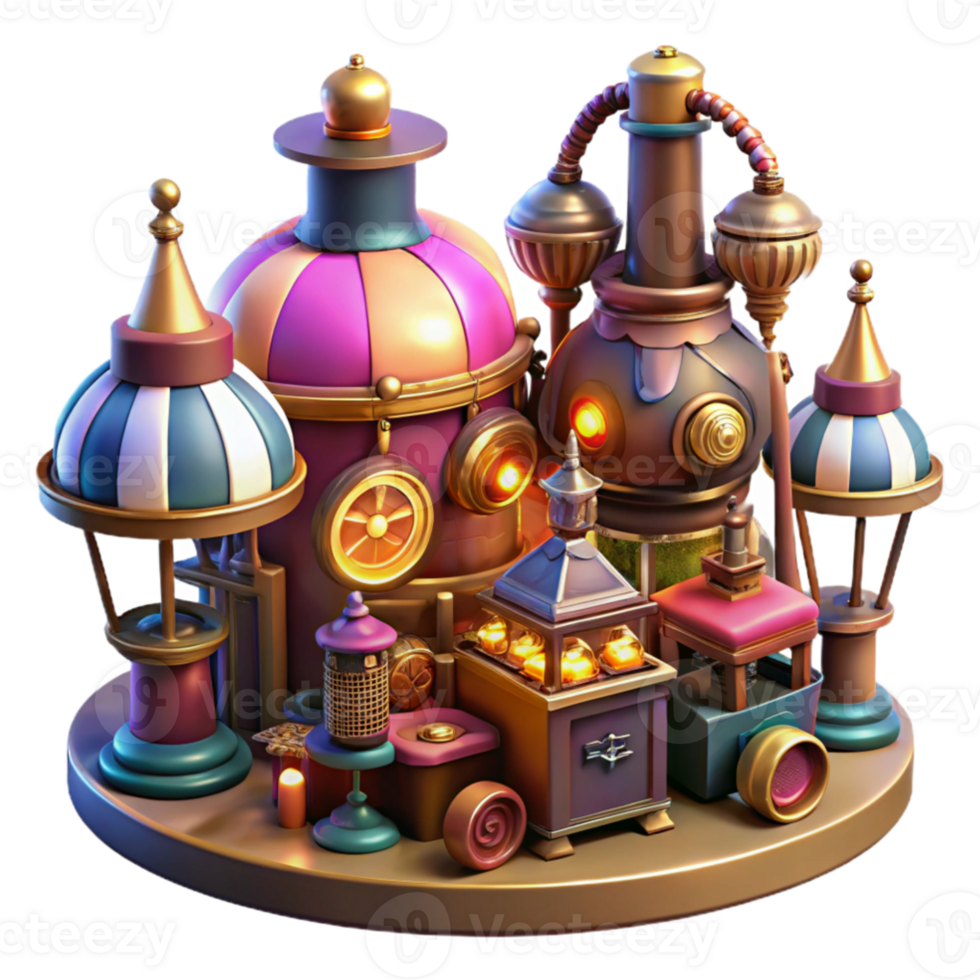 serene creative magnificent creative A bustling steampunk marketplace, filled with vendors selling bizarre gadgets and inventions, lit by colorful gaslights, vibrant and dynamic style detailed premium png
