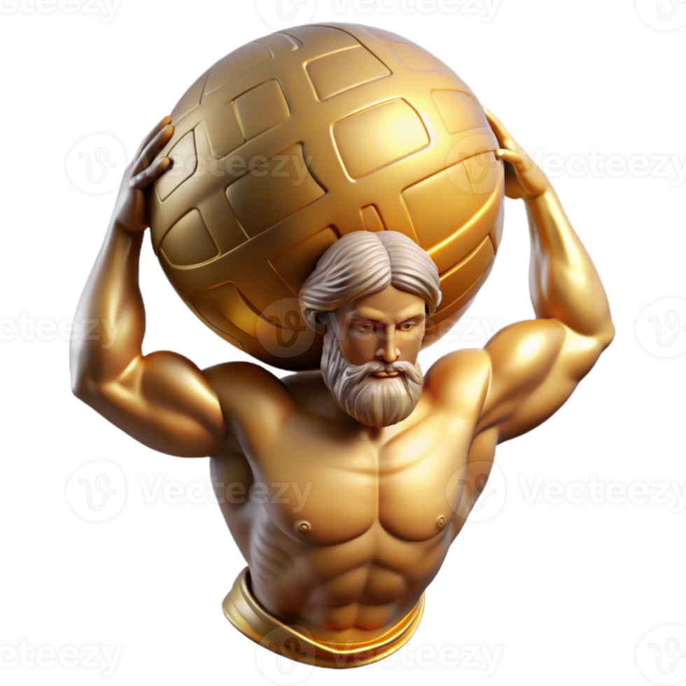 stunning contemporary elegant minimalist A stoic Atlas, bearing the weight of the celestial sphere upon his shoulders, muscles straining under the immense pressure. Lighting divine golden light.... png