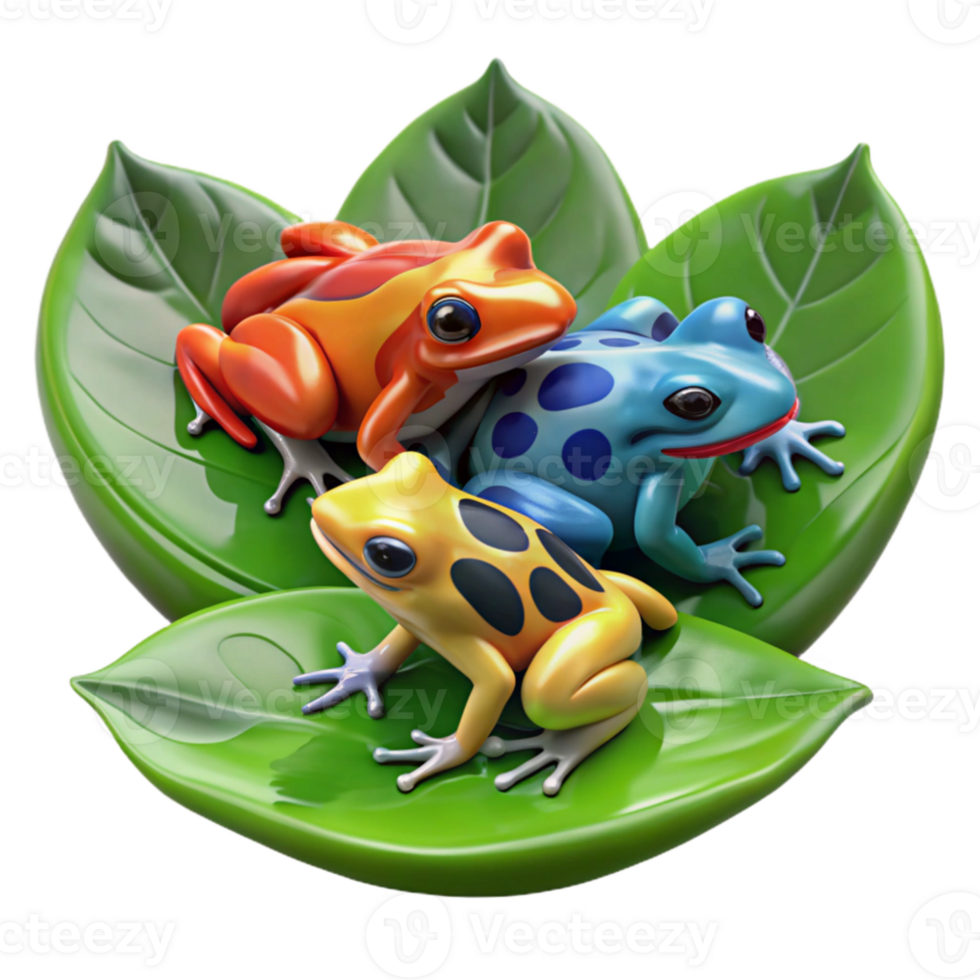 impressive creative wonderful abstract A group of colorful poison dart frogs gathered on a large leaf, rainforest setting, vibrant, macro photography, high quality 4K png
