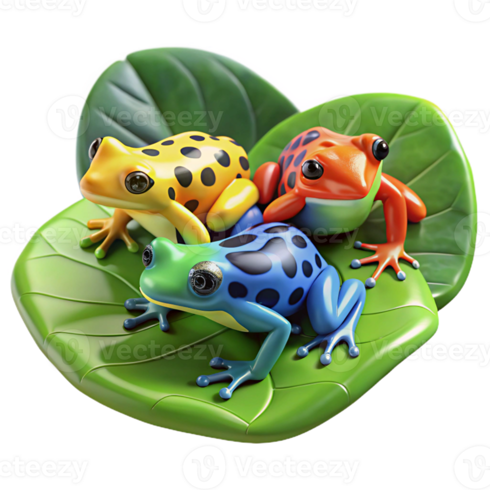 stunning rustic wonderful creative A group of colorful poison dart frogs gathered on a large leaf, rainforest setting, vibrant, macro photography, high quality authentic png