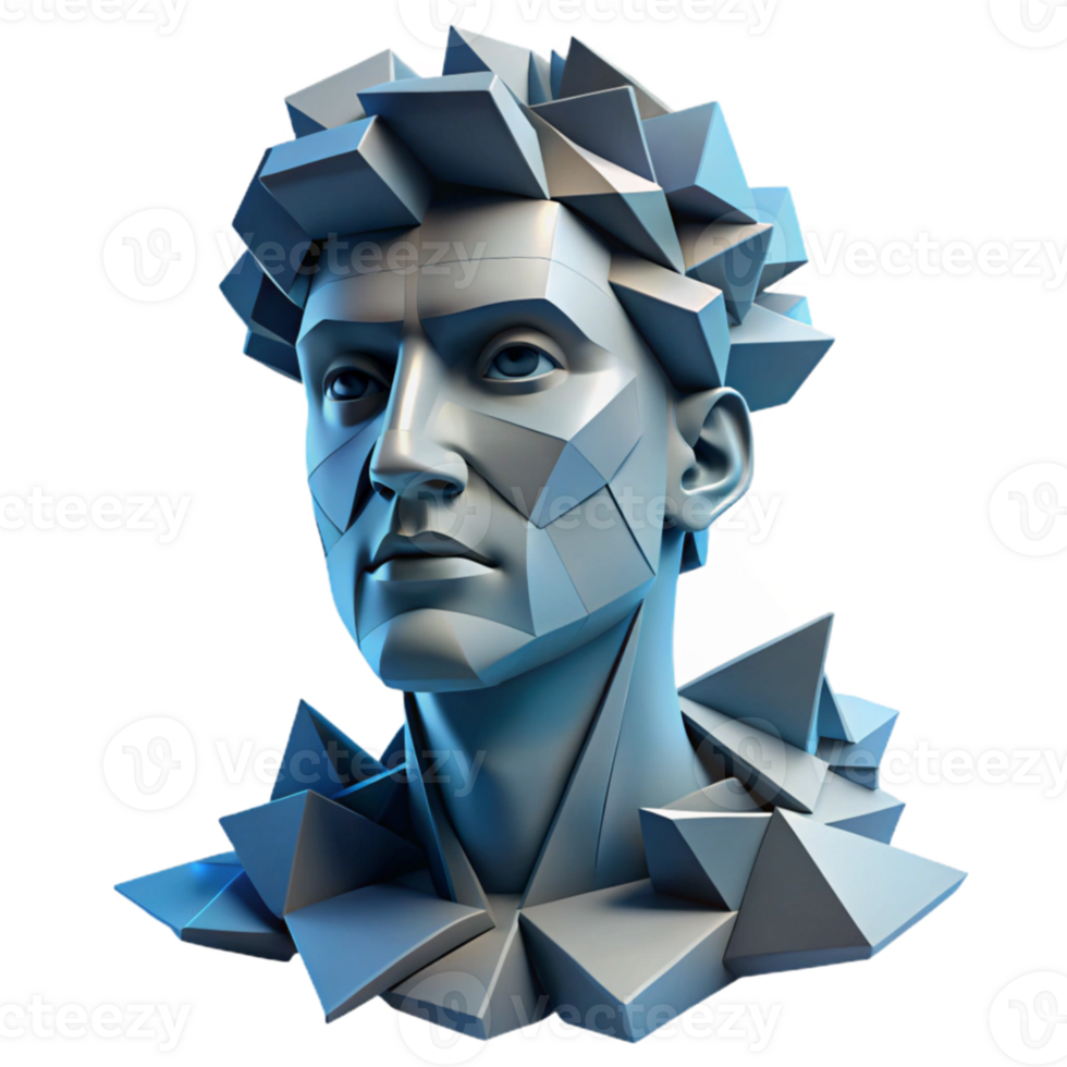 vibrant minimalist beautiful contemporary A deconstructed portrait composed of fragmented geometric shapes, rendered in cool blues and greys, cubist style, strong, directional lighting high quality 4K png