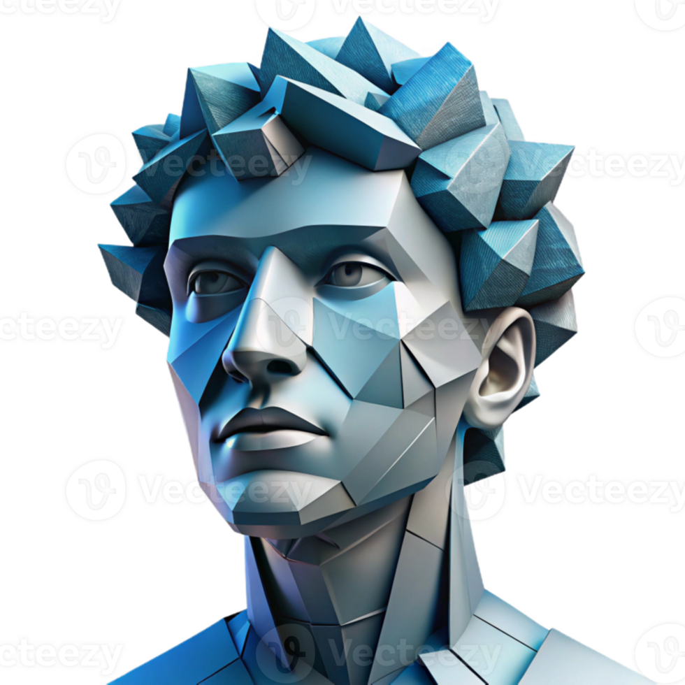 beautiful contemporary serene rustic A deconstructed portrait composed of fragmented geometric shapes, rendered in cool blues and greys, cubist style, strong, directional lighting exclusive authentic png
