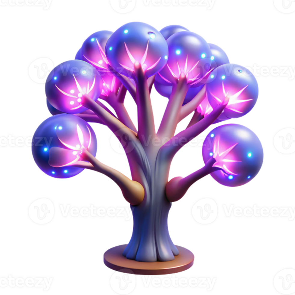 wonderful creative vibrant contemporary A bioluminescent tree with fiber optic branches, glowing with vibrant colors in a darkened forest, fantasy style, ethereal lighting high quality high quality png