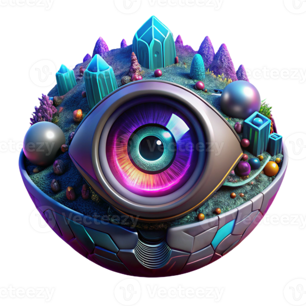impressive traditional elegant traditional A cybernetic eye gazing into a digital landscape filled with intricate fractals, vibrant neon colors, cyberpunk style, dramatic lighting premium genuine png