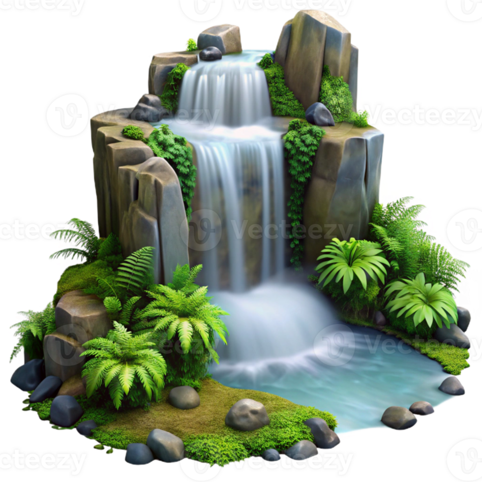wonderful abstract beautiful traditional A cascading waterfall flowing over moss covered rocks, surrounded by lush ferns, misty atmosphere, cinematic lighting detailed professional png