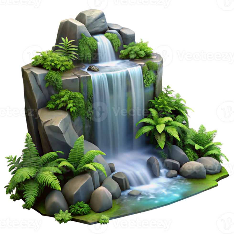 magnificent minimalist stunning modern A cascading waterfall flowing over moss covered rocks, surrounded by lush ferns, misty atmosphere, cinematic lighting genuine professional png