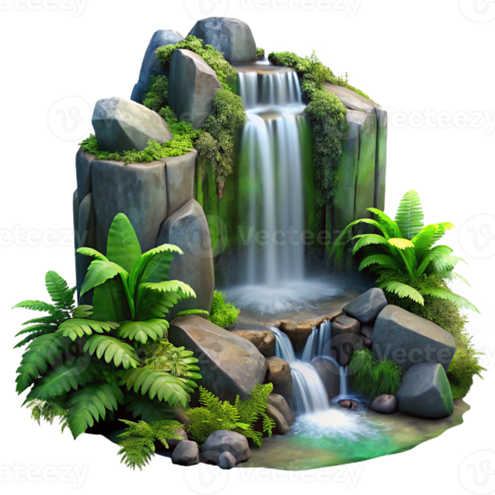 vibrant abstract extraordinary vintage A cascading waterfall flowing over moss covered rocks, surrounded by lush ferns, misty atmosphere, cinematic lighting high resolution professional png
