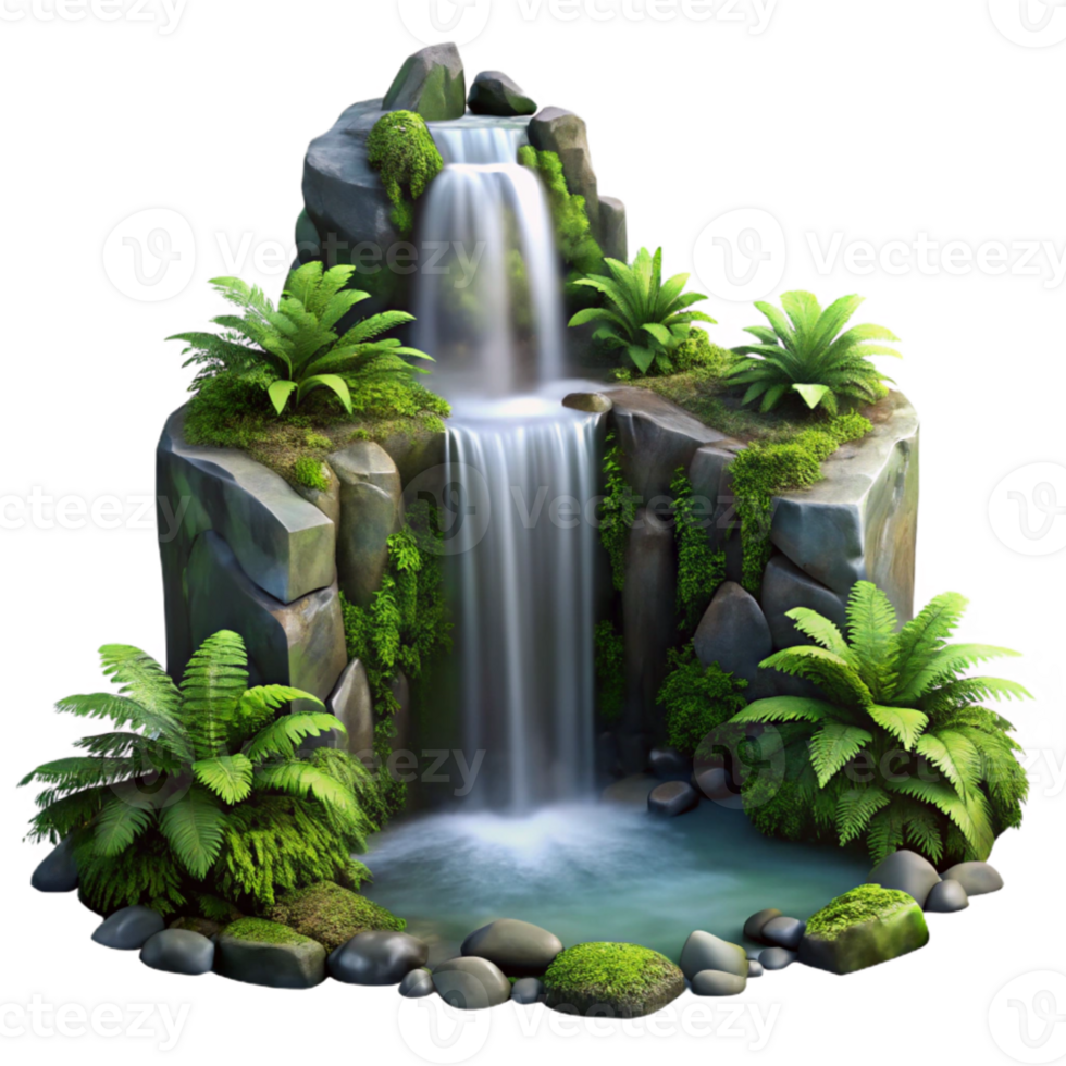 elegant modern beautiful abstract A cascading waterfall flowing over moss covered rocks, surrounded by lush ferns, misty atmosphere, cinematic lighting original detailed png