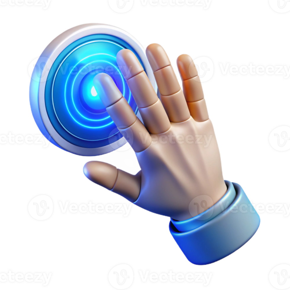 elegant minimalist wonderful artistic A photorealistic render of a human hand reaching out to touch a holographic interface, blue and white light, futuristic style genuine professional png