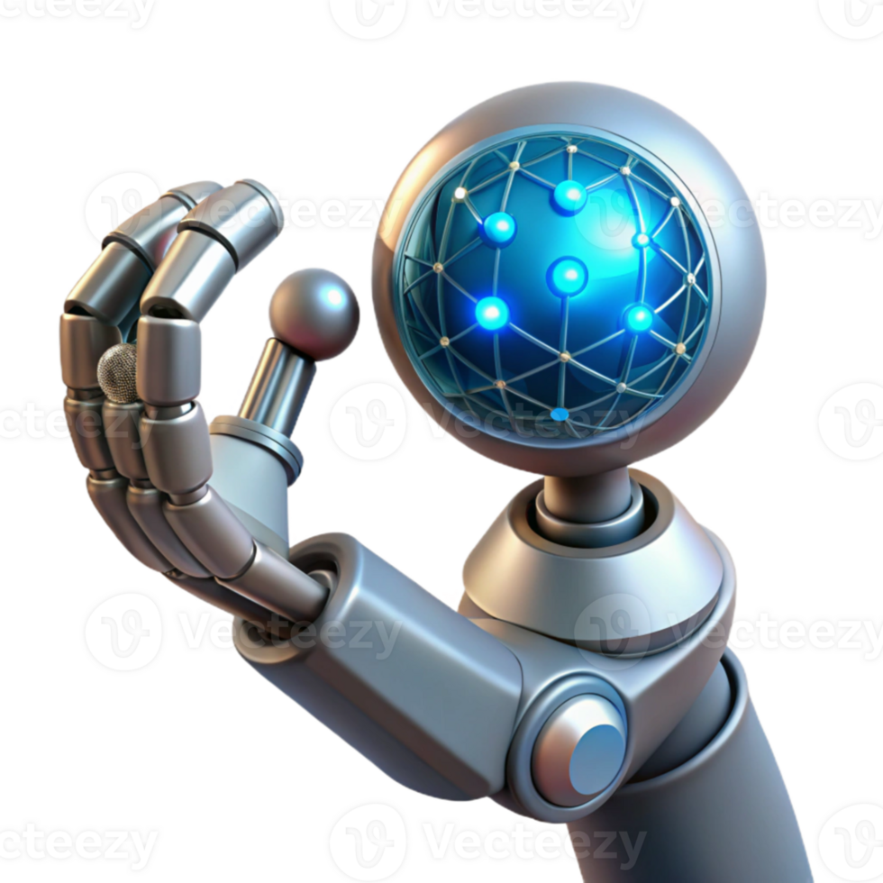 elegant creative vibrant minimalist A chrome robotic arm delicately holding a glowing orb of data, intricate wires exposed, studio lighting, cyberpunk style professional high quality png