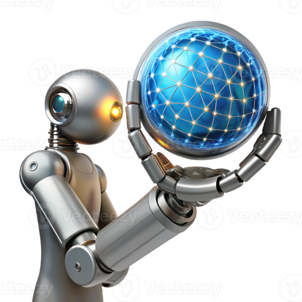 impressive modern beautiful creative A chrome robotic arm delicately holding a glowing orb of data, intricate wires exposed, studio lighting, cyberpunk style original exclusive png