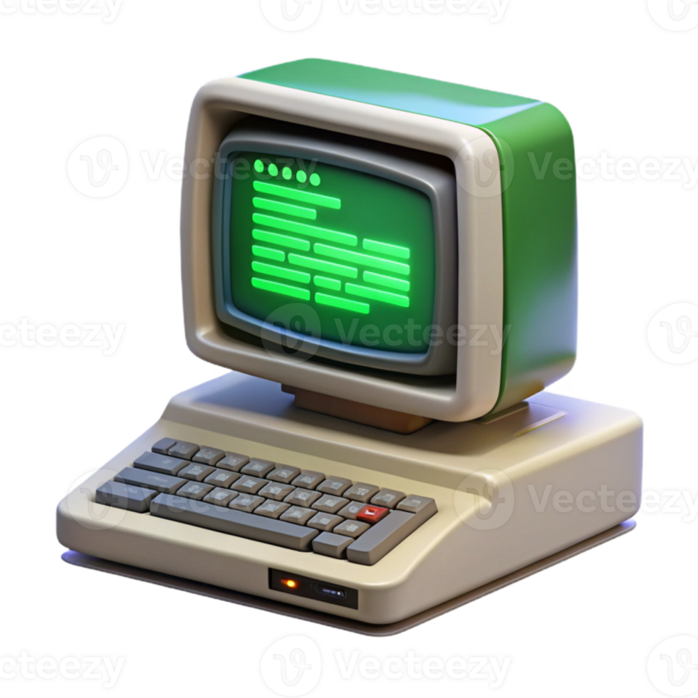 serene contemporary elegant artistic A vintage computer terminal displaying green text, CRT scanlines visible, retrofuturism style professional genuine png