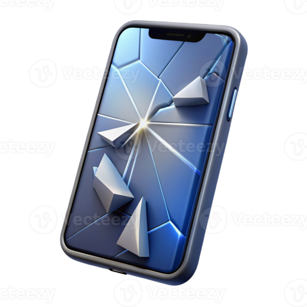 dramatic abstract vibrant traditional A cracked smartphone screen displaying a fractured social media feed, stark white light, surrealism genuine high quality png