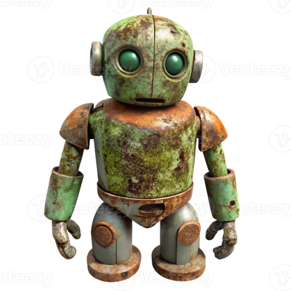 dramatic abstract dramatic creative A decaying robot in a overgrown forest, rust and moss covering its surface, post apocalyptic painting style 4K high quality png