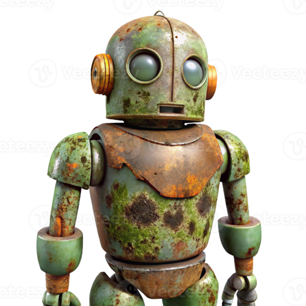 magnificent creative elegant classic A decaying robot in a overgrown forest, rust and moss covering its surface, post apocalyptic painting style detailed 4K png