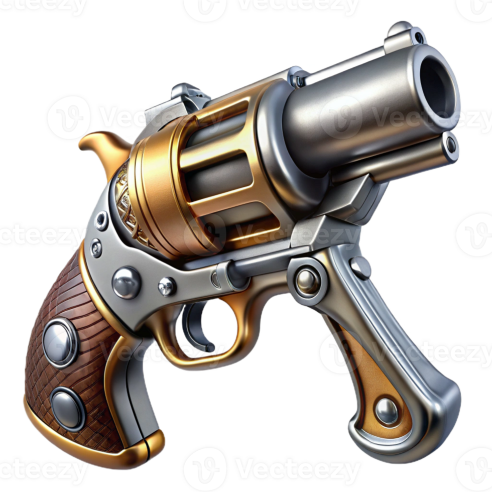 serene traditional serene contemporary A steampunk pistol, polished silver and wood grain grip, intricate engravings, dramatic lighting, highly realistic authentic 4K png