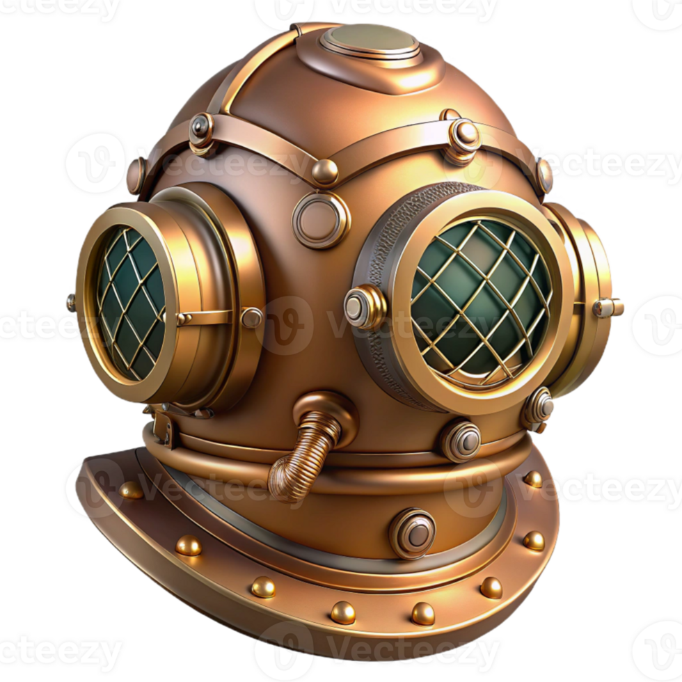 wonderful traditional extraordinary vintage A steampunk diver helmet, brass and glass, intricate valves and pipes, underwater lighting, hyperrealistic detail 4K authentic png