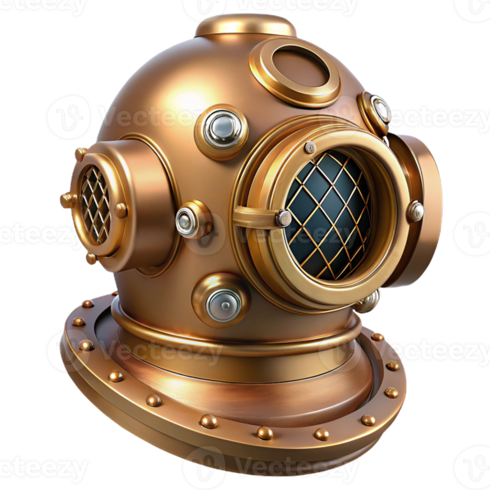 vibrant contemporary dramatic classic A steampunk diver helmet, brass and glass, intricate valves and pipes, underwater lighting, hyperrealistic detail 4K high quality png